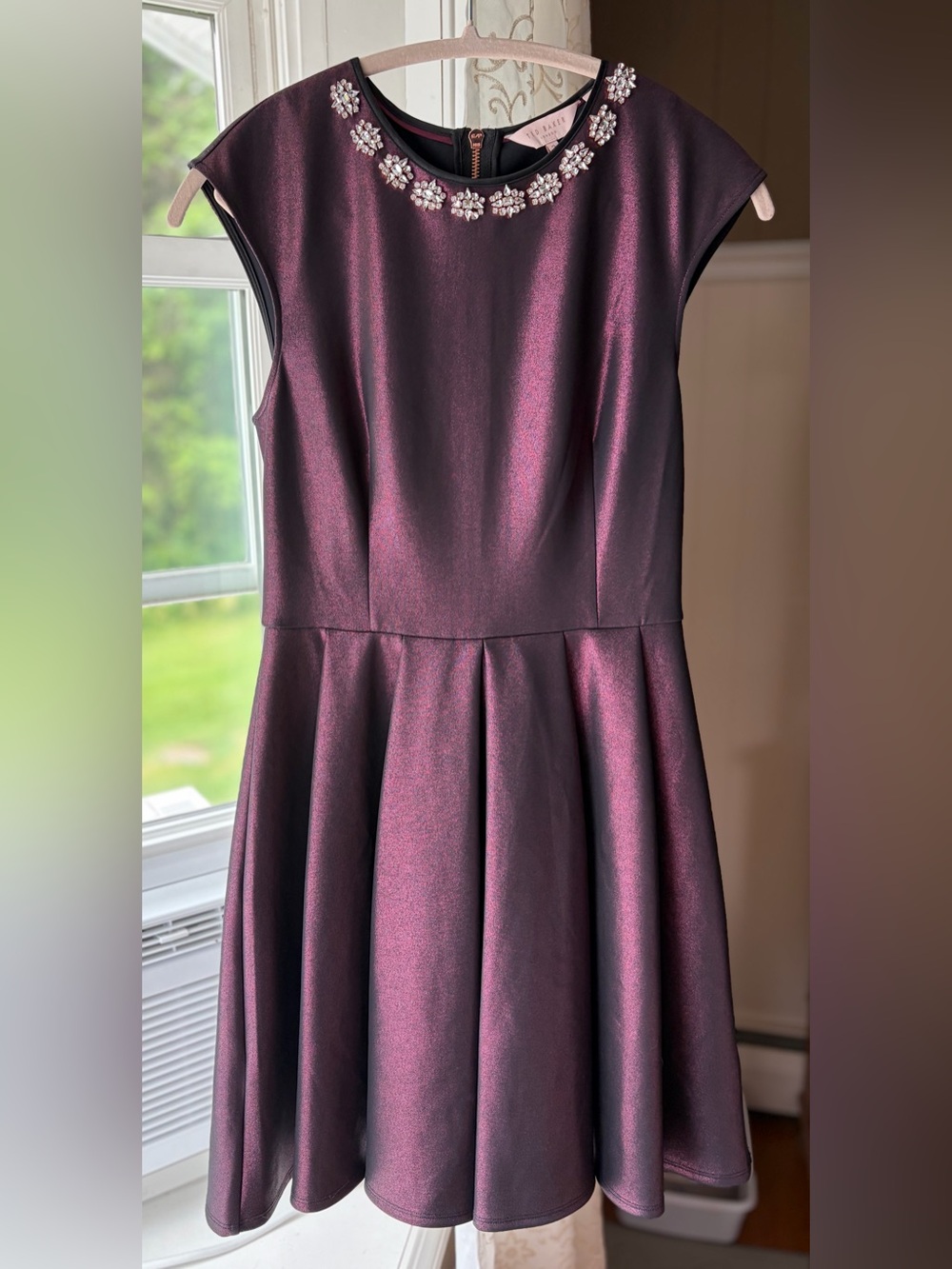 Ted Baker Embellished Plum Shimmer Metallic Rhinestone Glam Skater Dress Sz US S